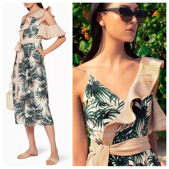 PatBO Pants - PatBO Palm Jumpsuit (Sz 2) Asymmetric Ruffle Wide Leg Crop Green & White